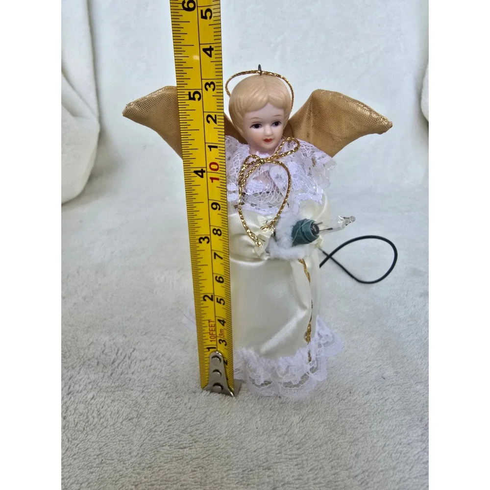 Vintage Porcelain Angel Tree Topper Gold Wings Cream Lace Christmas Decor 6.5in